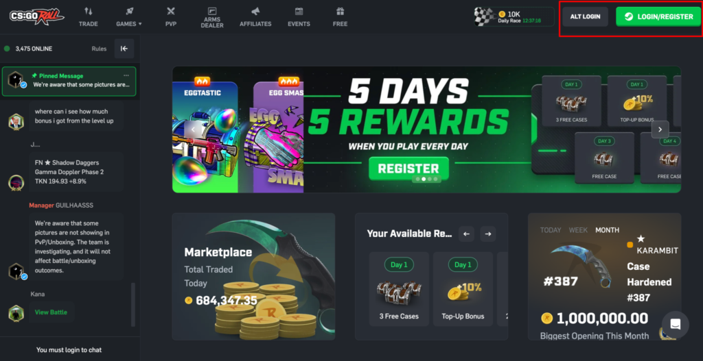 Screenshot of CSGOroll.com highlighting where to login.