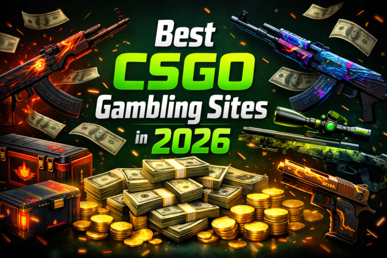 Image of alot of cash and weapon skins with the titel best csgo gambling sites in 2026