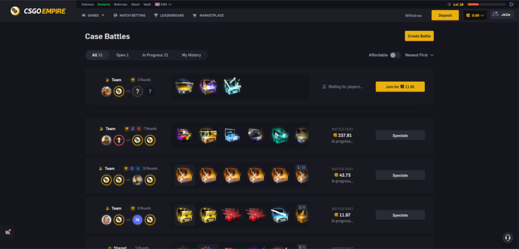 Screenshot of CSGOEmpire case battles