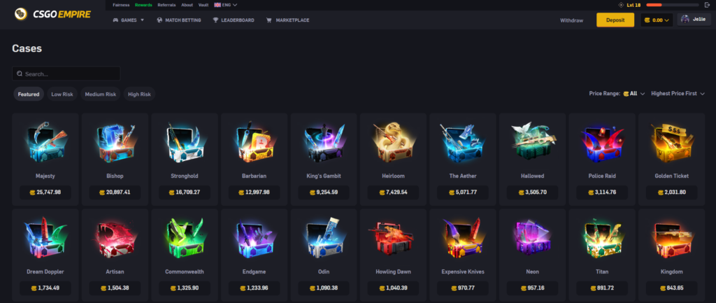 Screenshot of CSGOEmpire cases