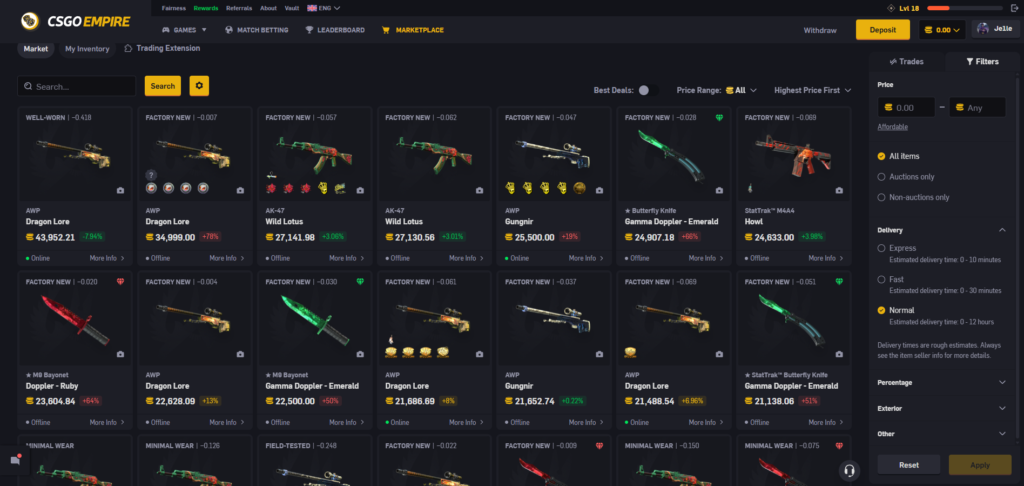 Screenshot of CSGOEmpire marketplace.
