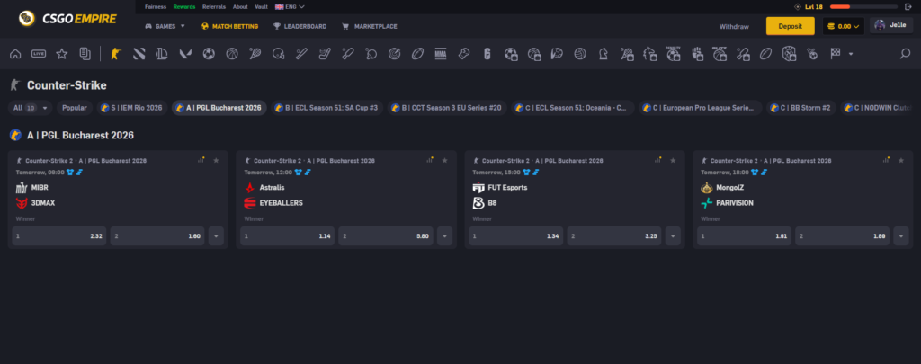 Screenshot of CSGOEmpire matchbetting.