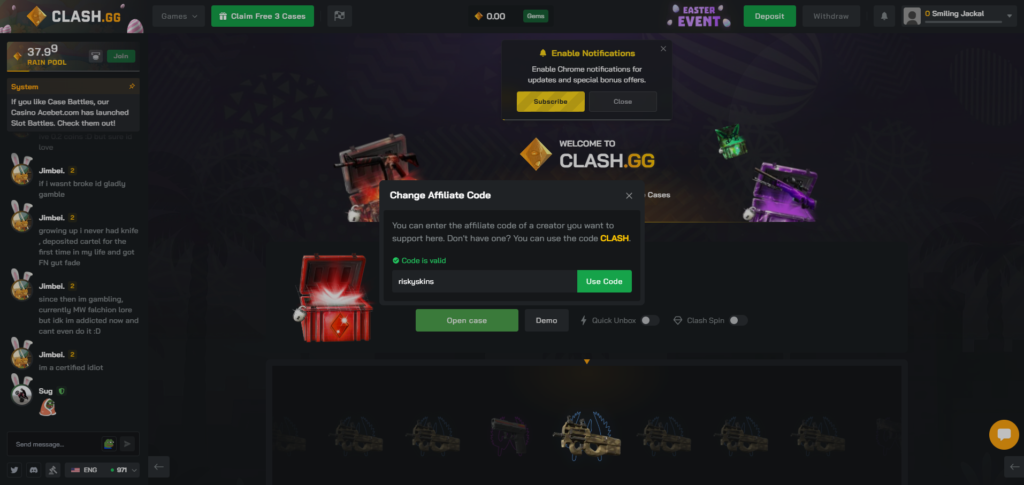Screenshot of free case with code riskyskins.com on clash.gg