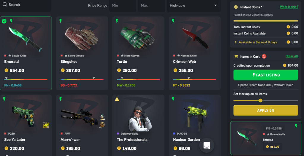 Screenshot of csgoroll.com that shows the cs2 items deposit method.