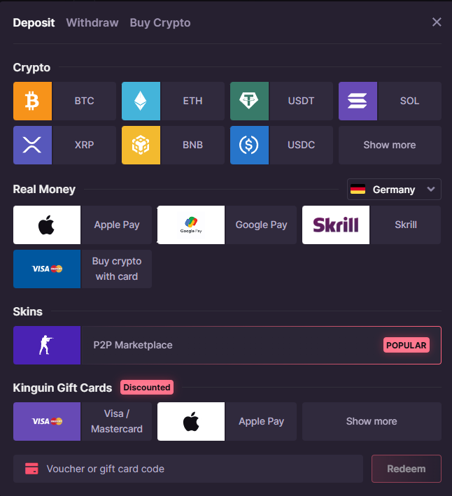 Screenshot of CSGO500 deposit.