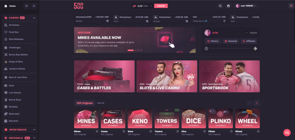 Screenshot of CSGO500 homepage.