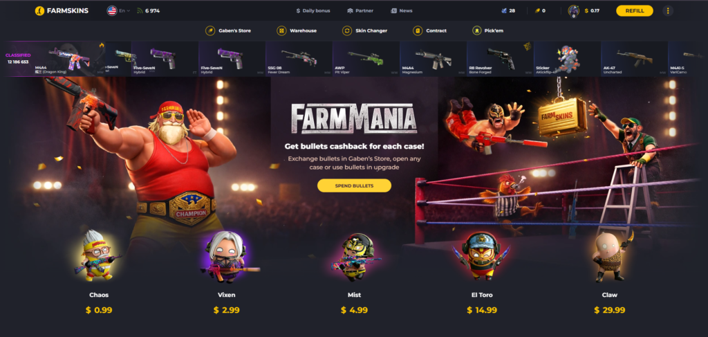 Screenshot of farmskins homepage.