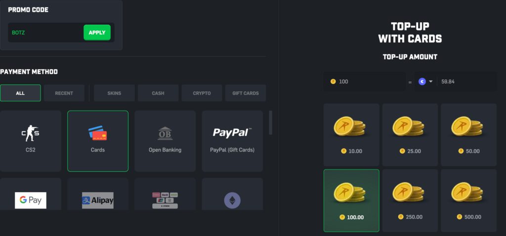 Screenshot of csgoroll.com showing all deposit methods.