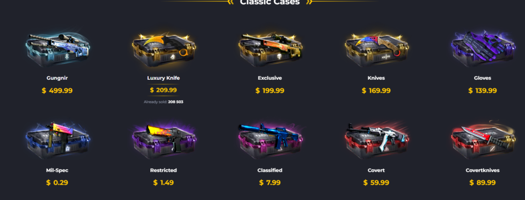 Screenshot of different cases on Farmskins