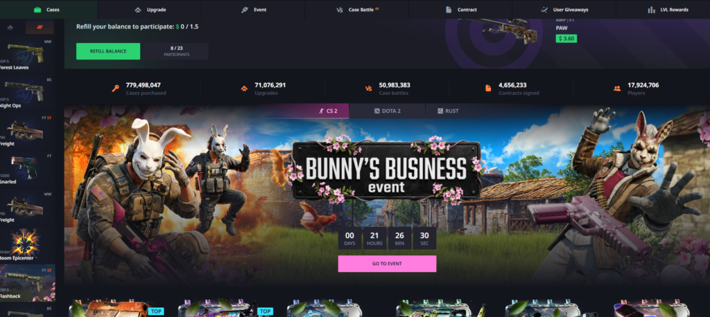 Screenshot of hellcase.com homepage.