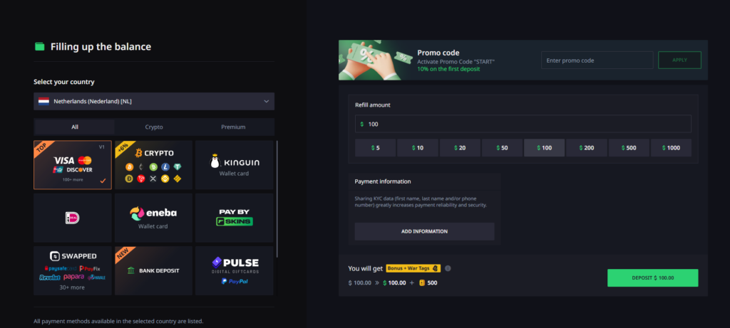 Screenshot of hellcase.com deposit methods.
