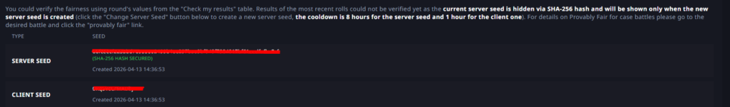 Screenshot of server seed and client seed of hellcase.com for provably fair system.
