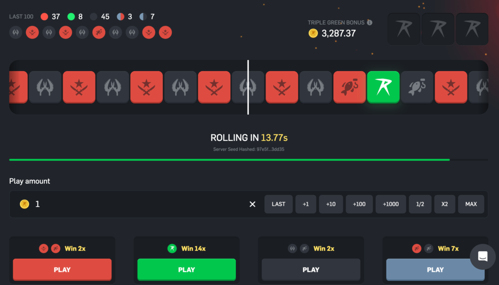 Screenshot of csgoroll.com roulette game.