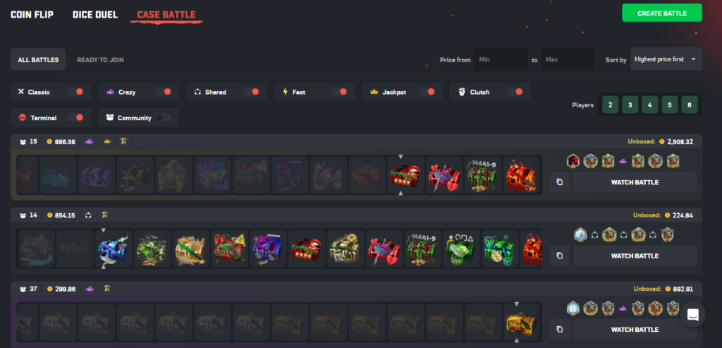 Screenshot of csgoroll casebattles.