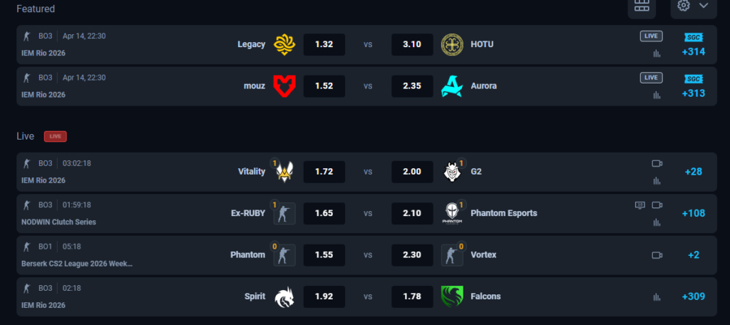 Screenshot of a cs2 esports betting site.