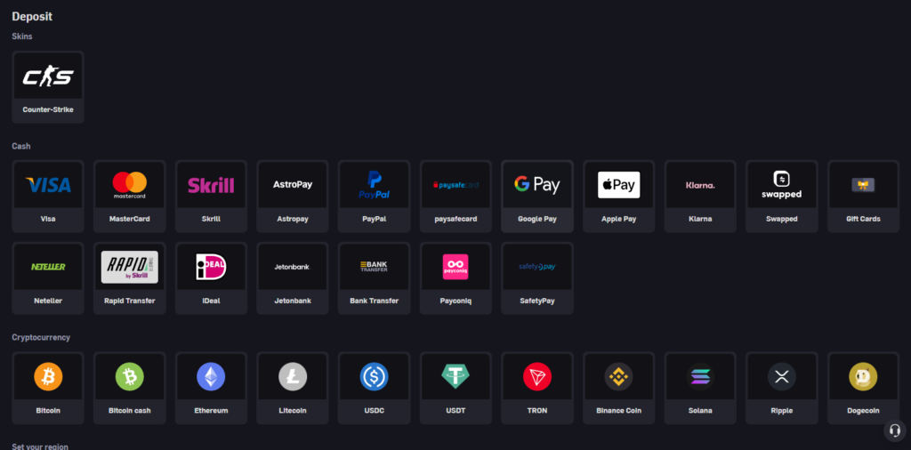 Screenshot of different deposit methods on csgoempire.com