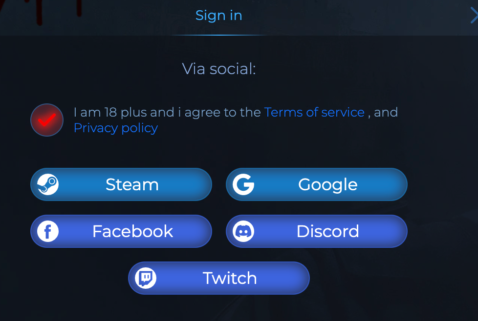 Screenshot of signin options for bloodycase.com