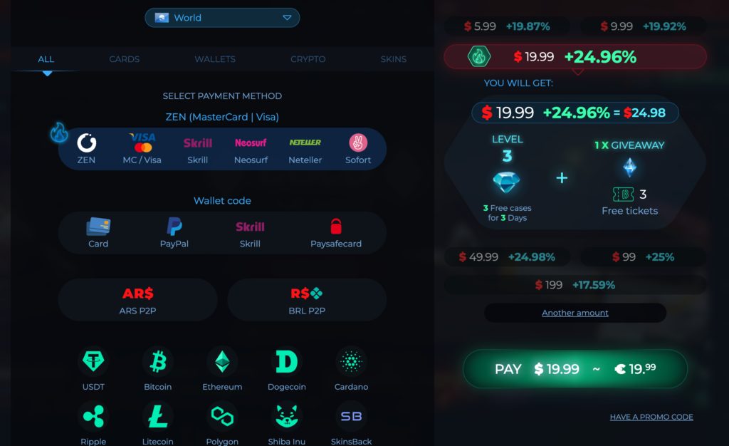 Screenshot of different deposit methods on bloodycase.com