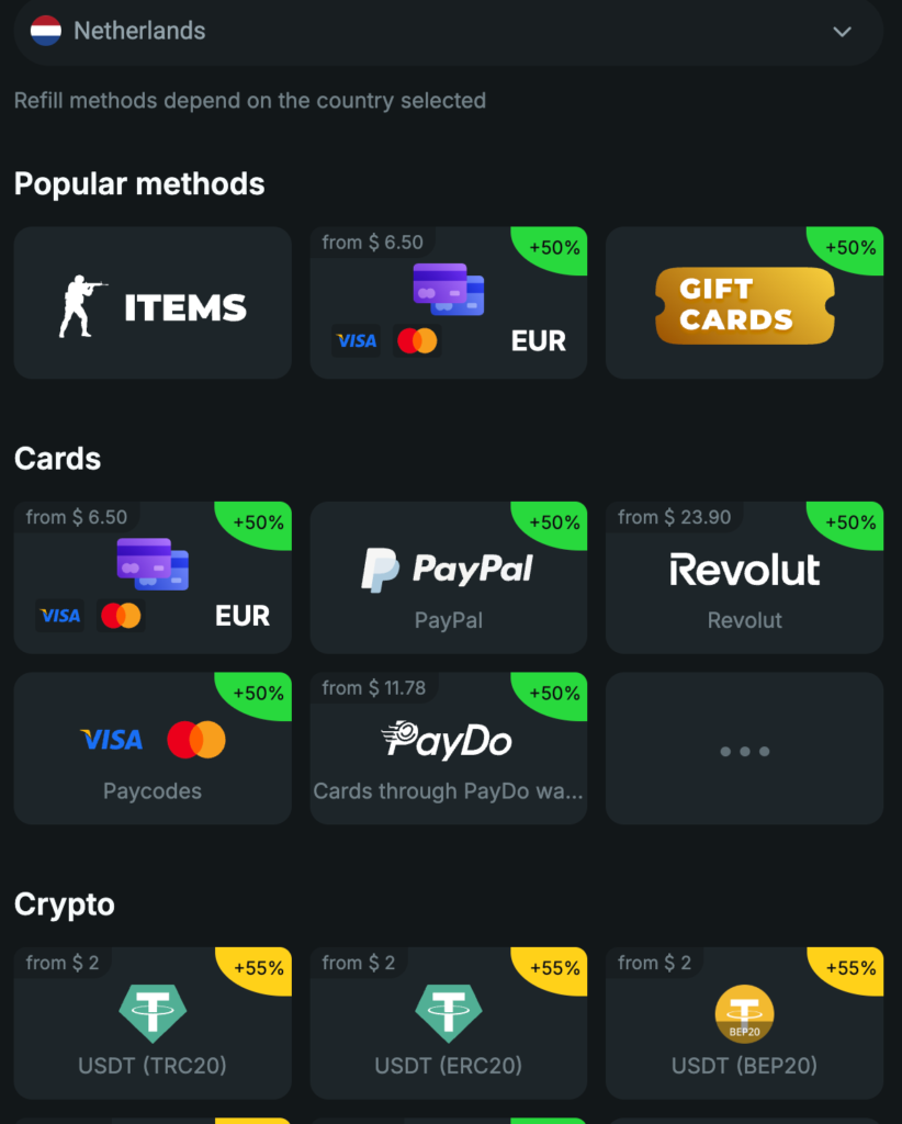 Screenshot of csgofast deposit methods.
