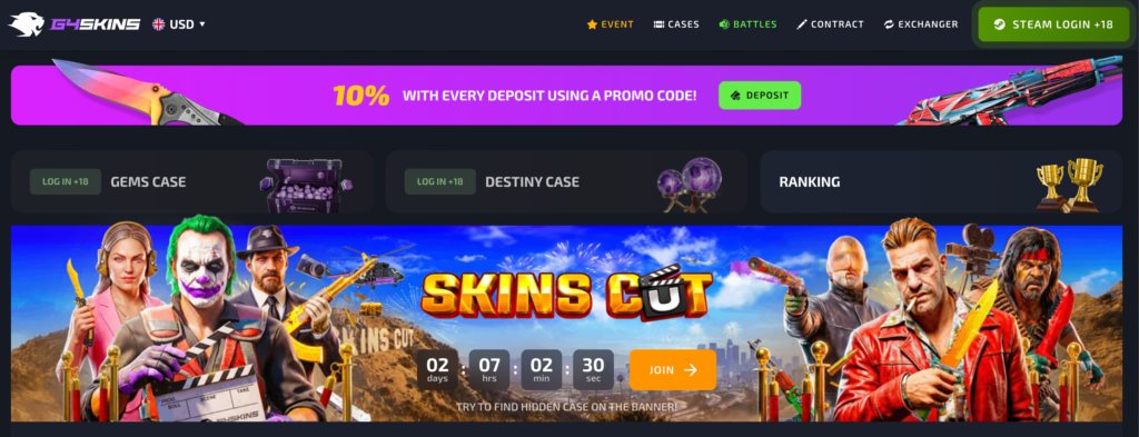 Screenshot of g4skins.com homepage