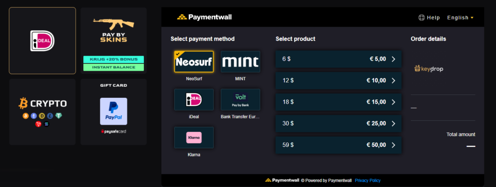 Screenshot of key-drop.com depositing methods.