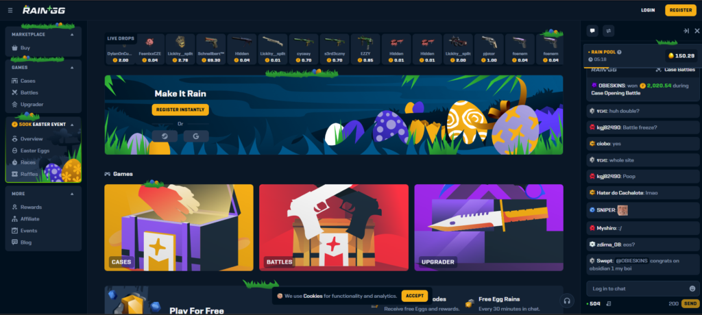 Screenshot of the homepage of rain.gg