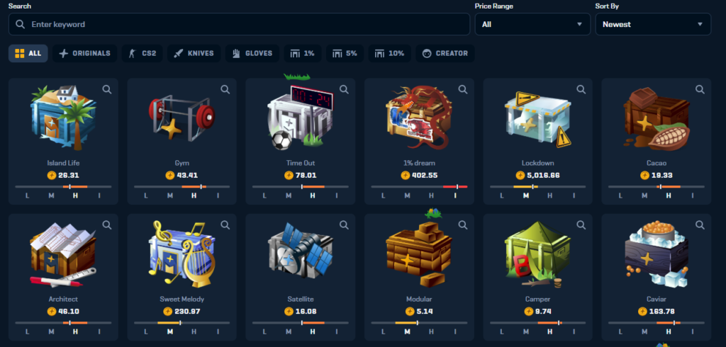 Screenshot of cases on rain.gg