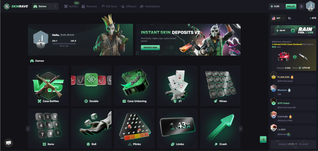 Screenshot of skinrave.com homepage.