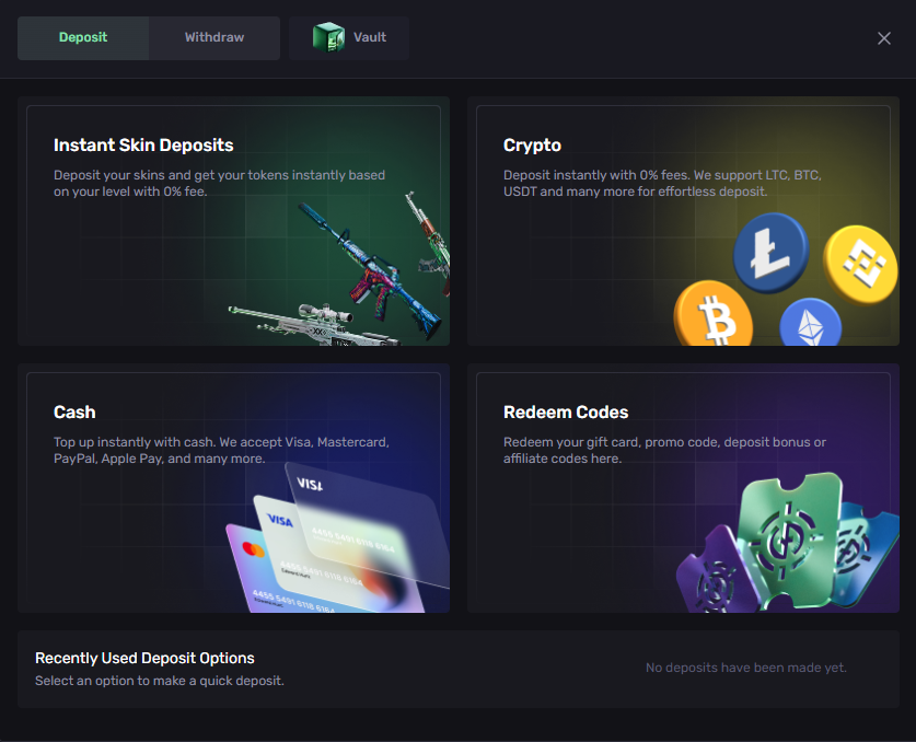 Screenshot of deposit options on skinrave.com