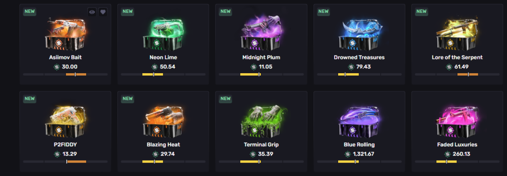 screenshot of popular cases on skinrave.com