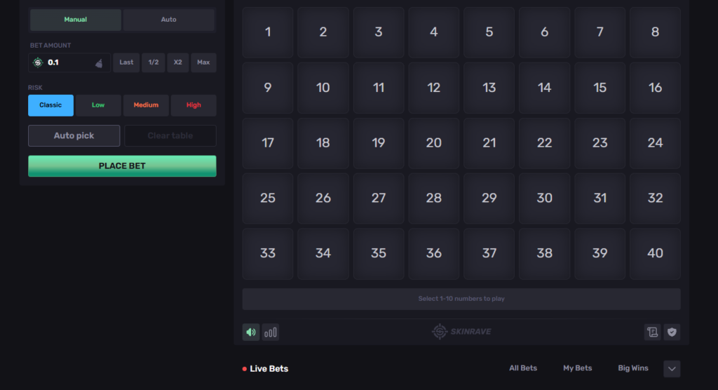 Screenshot of keno on skinrave.com