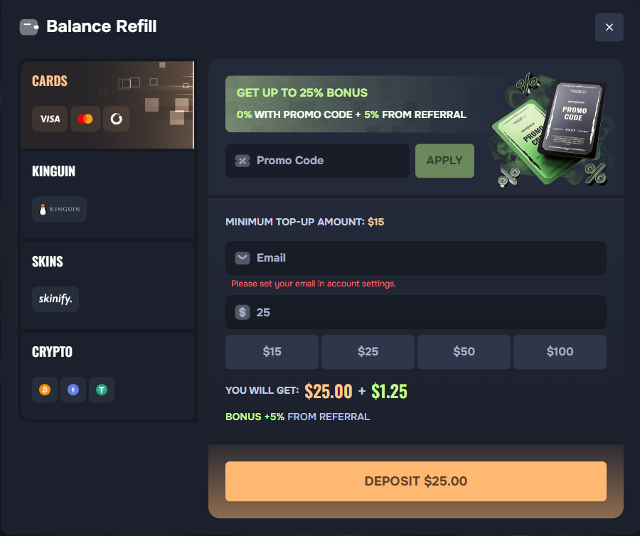 Screenshot of deposit methods on dropskin