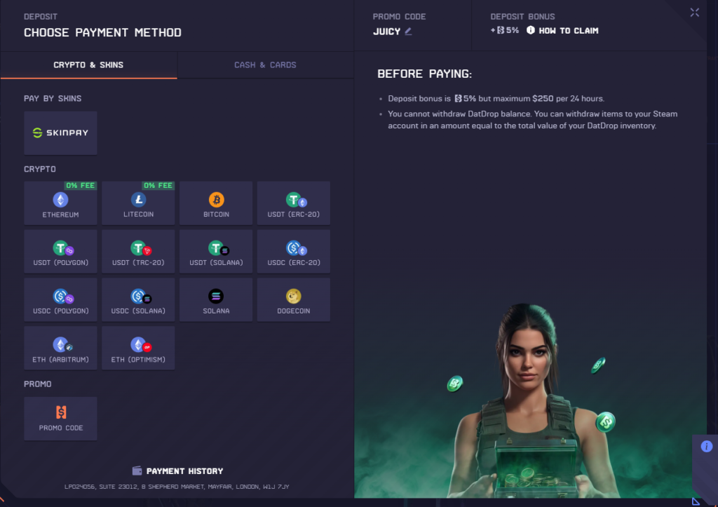 screenshot of datdrop.com deposits
