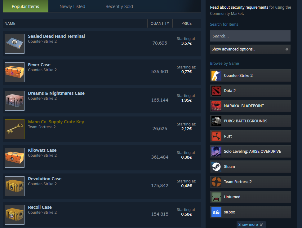 Screenshot of the steam community market.