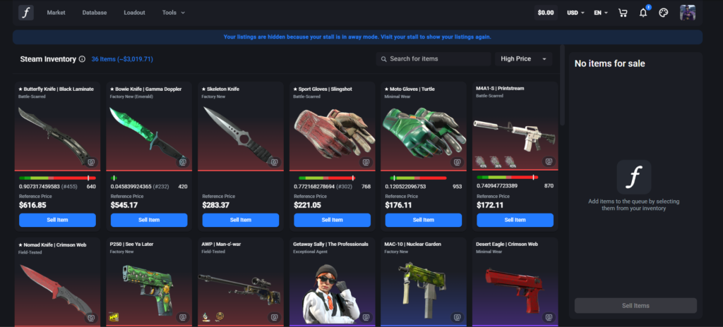 Screenshot of steam inventory in csfloat.