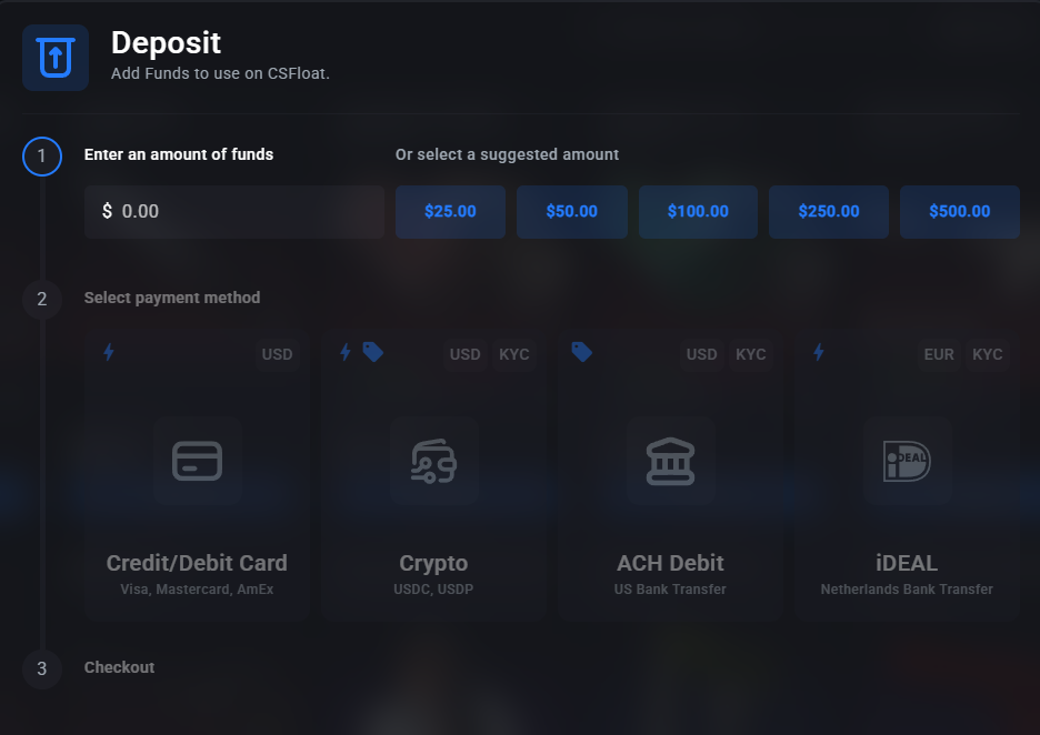 Screenshot of deposit methods on csfloat